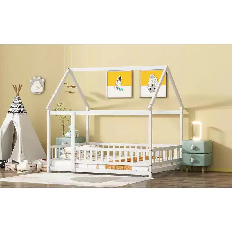 MAYEERTY Full House Floor Wooden Bed with Floor Frames, Safety Guardrails White