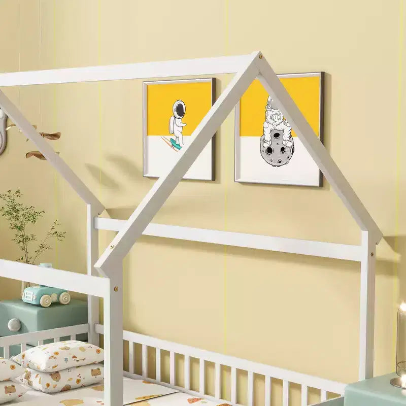 Full House Floor Wooden Bed with Floor Frames, Safety Guardrails White