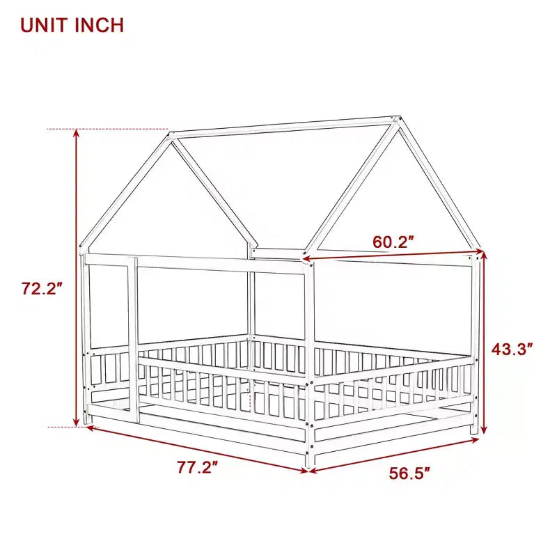 Full House Floor Wooden Bed with Floor Frames, Safety Guardrails White