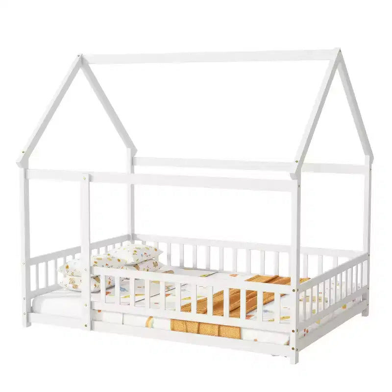 Full House Floor Wooden Bed with Floor Frames, Safety Guardrails White