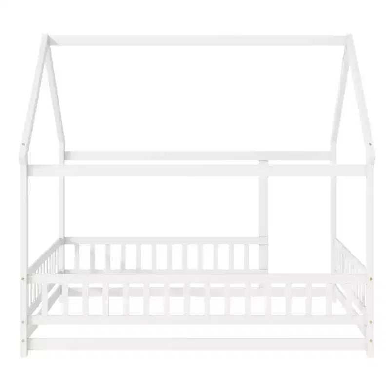 Full House Floor Wooden Bed with Floor Frames, Safety Guardrails White