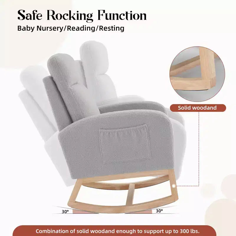 Rocking Chair, Glider Nursery Chair with High Back and Side Pocket, Rocking Accent Armchair with Rubber Wood Legs for Living Room/Bedroom/Nursery