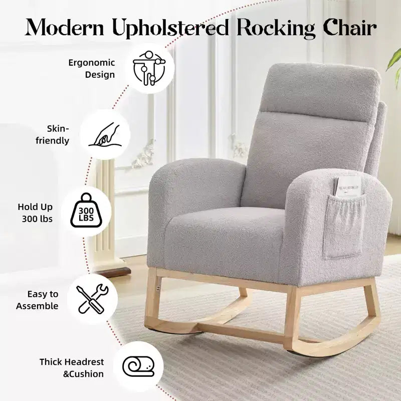 Rocking Chair, Glider Nursery Chair with High Back and Side Pocket, Rocking Accent Armchair with Rubber Wood Legs for Living Room/Bedroom/Nursery
