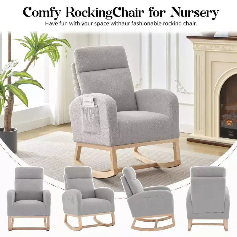 Rocking Chair, Glider Nursery Chair with High Back and Side Pocket, Rocking Accent Armchair with Rubber Wood Legs for Living Room/Bedroom/Nursery