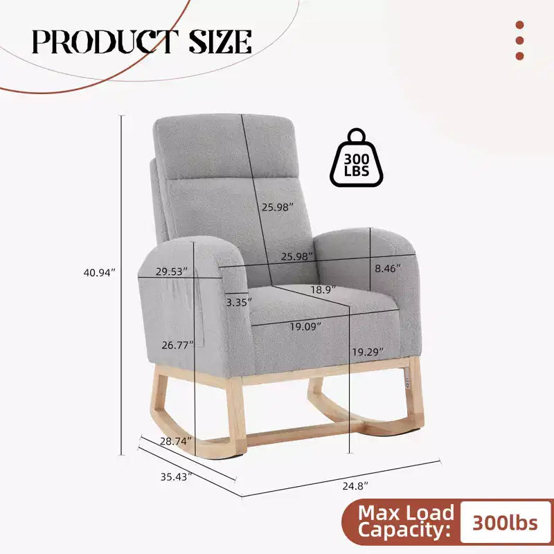 Rocking Chair, Glider Nursery Chair with High Back and Side Pocket, Rocking Accent Armchair with Rubber Wood Legs for Living Room/Bedroom/Nursery