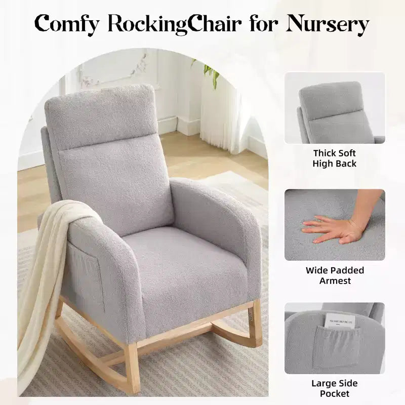Rocking Chair, Glider Nursery Chair with High Back and Side Pocket, Rocking Accent Armchair with Rubber Wood Legs for Living Room/Bedroom/Nursery