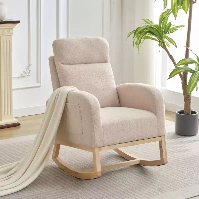 Rocking Chair, Glider Nursery Chair with High Back and Side Pocket, Rocking Accent Armchair with Rubber Wood Legs for Living Room/Bedroom/Nursery