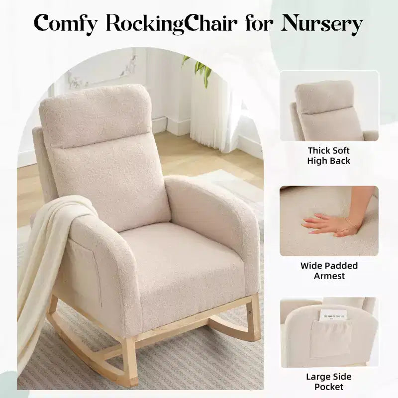 Rocking Chair, Glider Nursery Chair with High Back and Side Pocket, Rocking Accent Armchair with Rubber Wood Legs for Living Room/Bedroom/Nursery