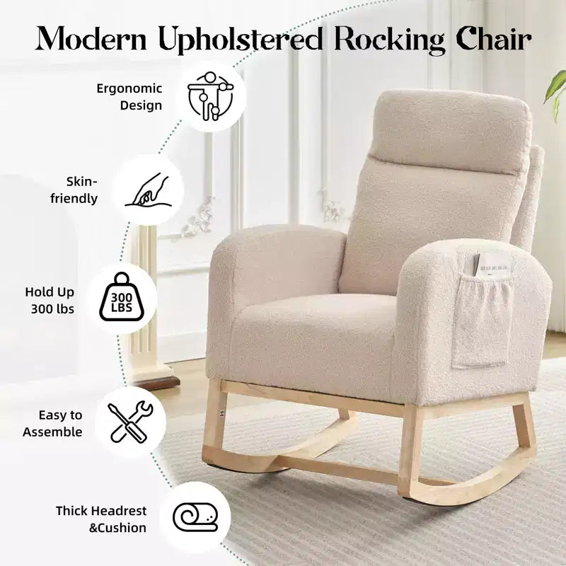 Rocking Chair, Glider Nursery Chair with High Back and Side Pocket, Rocking Accent Armchair with Rubber Wood Legs for Living Room/Bedroom/Nursery