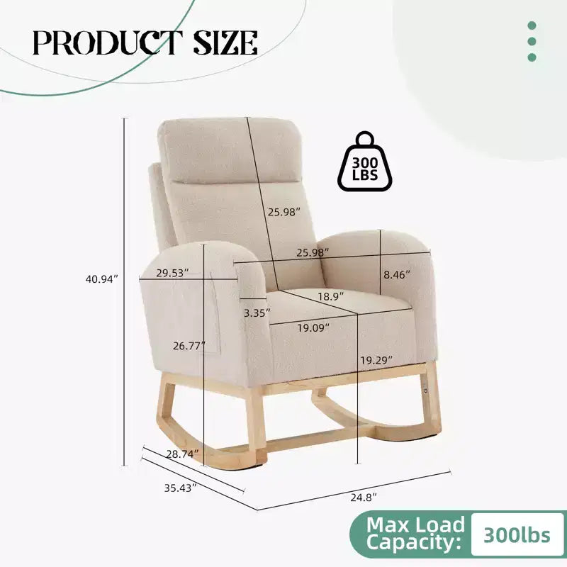 Rocking Chair, Glider Nursery Chair with High Back and Side Pocket, Rocking Accent Armchair with Rubber Wood Legs for Living Room/Bedroom/Nursery