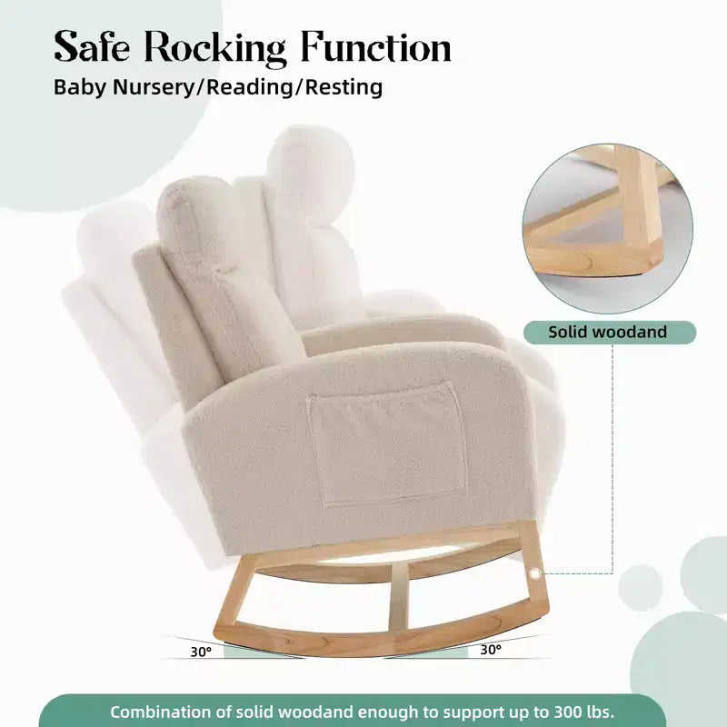 Rocking Chair, Glider Nursery Chair with High Back and Side Pocket, Rocking Accent Armchair with Rubber Wood Legs for Living Room/Bedroom/Nursery