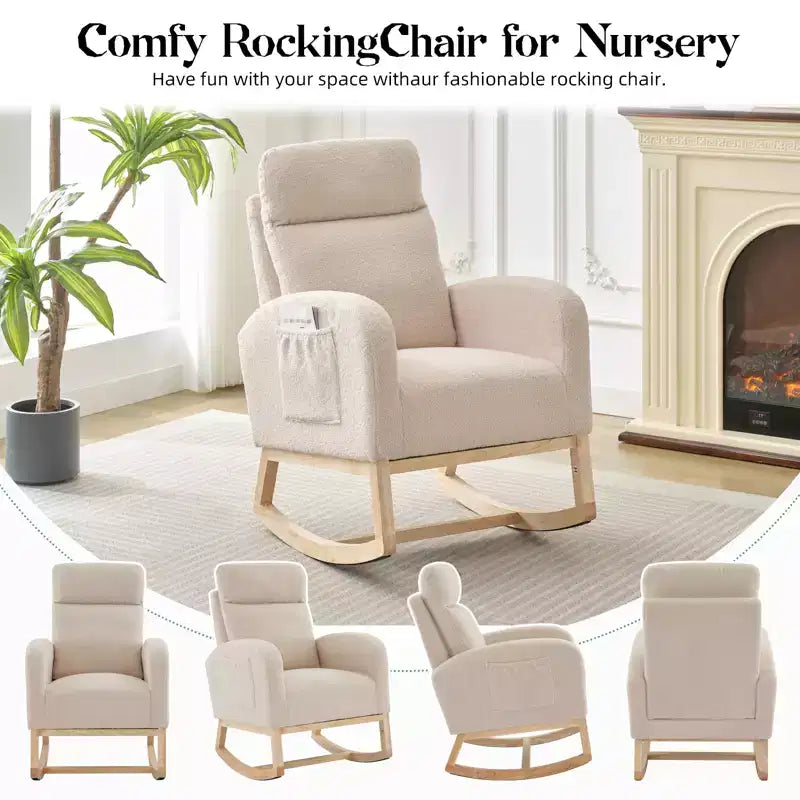 Rocking Chair, Glider Nursery Chair with High Back and Side Pocket, Rocking Accent Armchair with Rubber Wood Legs for Living Room/Bedroom/Nursery