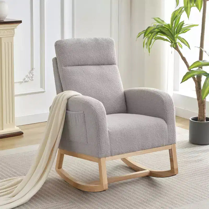 Rocking Chair, Glider Nursery Chair with High Back and Side Pocket, Rocking Accent Armchair with Rubber Wood Legs for Living Room/Bedroom/Nursery