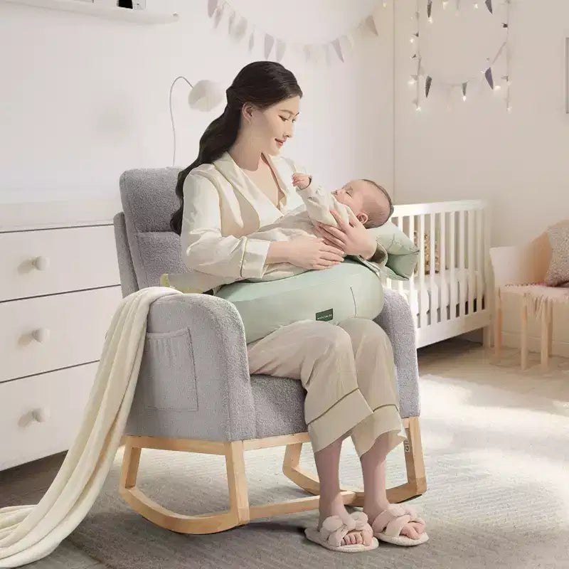 Rocking Chair, Glider Nursery Chair with High Back and Side Pocket, Rocking Accent Armchair with Rubber Wood Legs for Living Room/Bedroom/Nursery