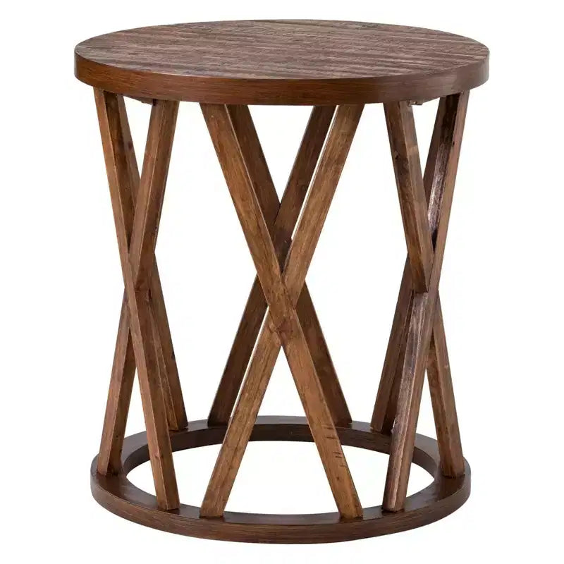COZAYH Farmhouse End Table, Rustic Round Side Table with X-Motifs Legs, Wood Textured Top for Setting Drinks, Lamps, or Plants, Brown