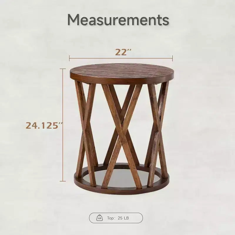 Farmhouse End Table, Rustic Round Side Table with X-Motifs Legs, Wood Textured Top for Setting Drinks, Lamps, or Plants, Brown