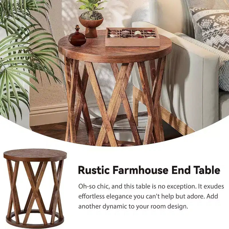 Farmhouse End Table, Rustic Round Side Table with X-Motifs Legs, Wood Textured Top for Setting Drinks, Lamps, or Plants, Brown