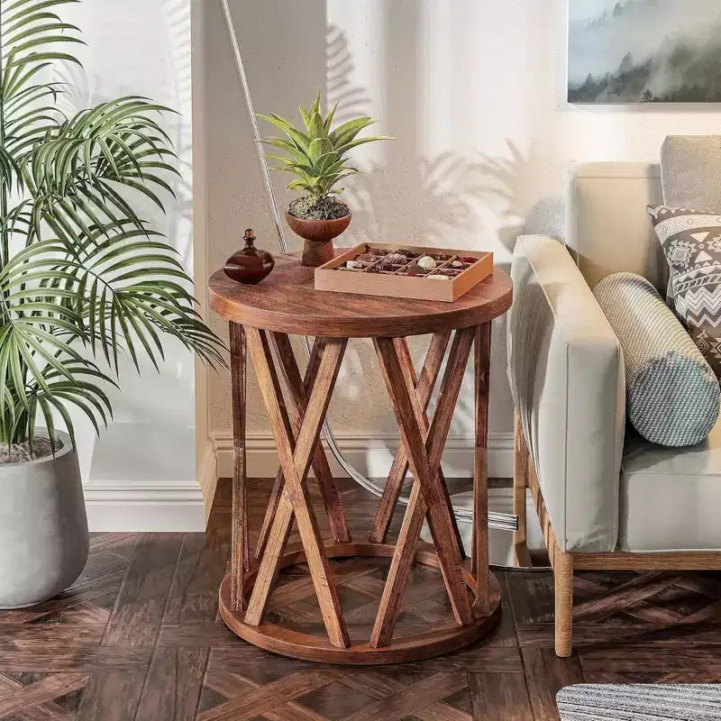 Farmhouse End Table, Rustic Round Side Table with X-Motifs Legs, Wood Textured Top for Setting Drinks, Lamps, or Plants, Brown