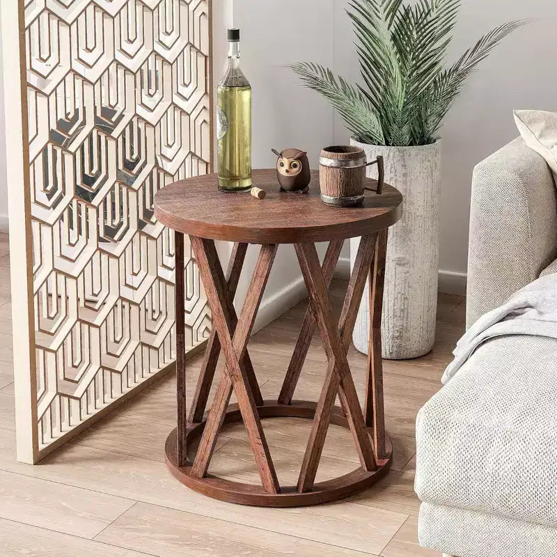 Farmhouse End Table, Rustic Round Side Table with X-Motifs Legs, Wood Textured Top for Setting Drinks, Lamps, or Plants, Brown