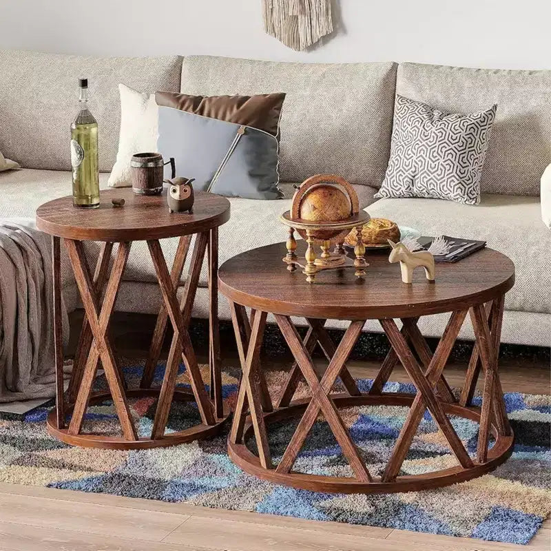 Farmhouse End Table, Rustic Round Side Table with X-Motifs Legs, Wood Textured Top for Setting Drinks, Lamps, or Plants, Brown