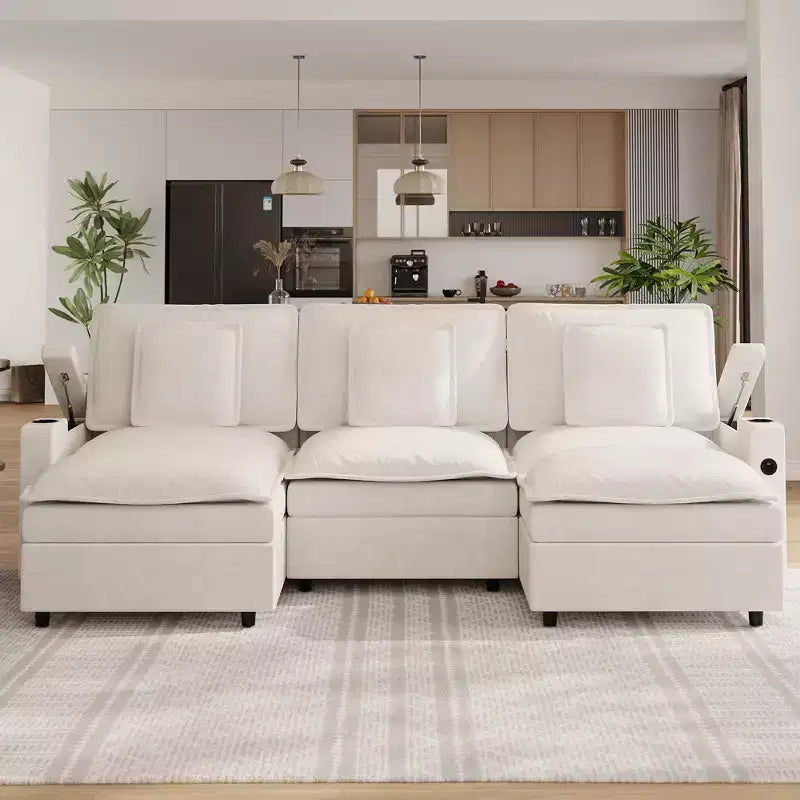 3-Seater Sectional Couches for Living Room, 108 Inch Chenille Modular U Shaped Cloud Couch with Storage Armrest and Movable Ottoman, Charging Station