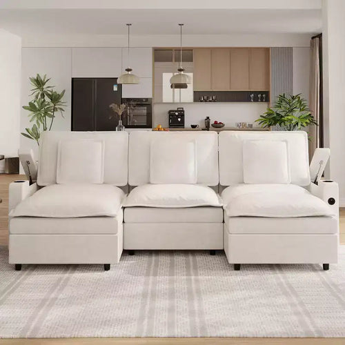3-Seater Sectional Couches for Living Room, 108 Inch Chenille Modular U Shaped Cloud Couch with Storage Armrest and Movable Ottoman, Charging Station
