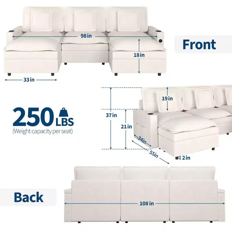 3-Seater Sectional Couches for Living Room, 108 Inch Chenille Modular U Shaped Cloud Couch with Storage Armrest and Movable Ottoman, Charging Station