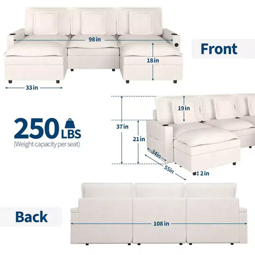 3-Seater Sectional Couches for Living Room, 108 Inch Chenille Modular U Shaped Cloud Couch with Storage Armrest and Movable Ottoman, Charging Station