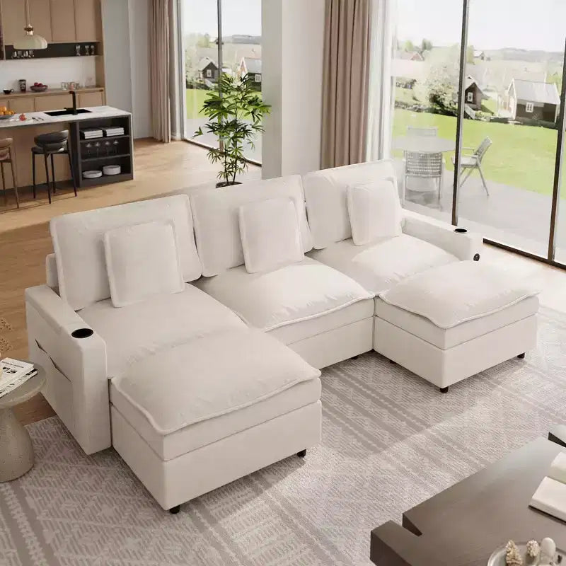 3-Seater Sectional Couches for Living Room, 108 Inch Chenille Modular U Shaped Cloud Couch with Storage Armrest and Movable Ottoman, Charging Station