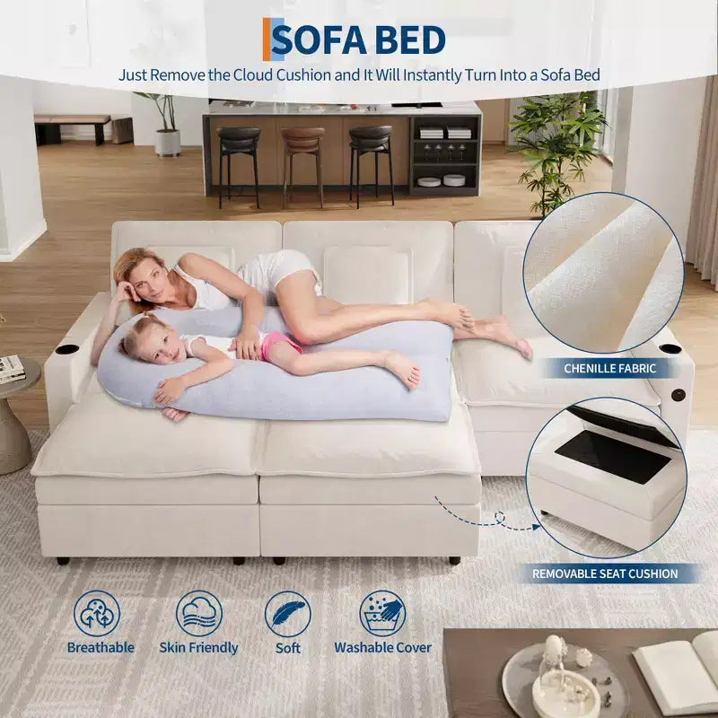 3-Seater Sectional Couches for Living Room, 108 Inch Chenille Modular U Shaped Cloud Couch with Storage Armrest and Movable Ottoman, Charging Station