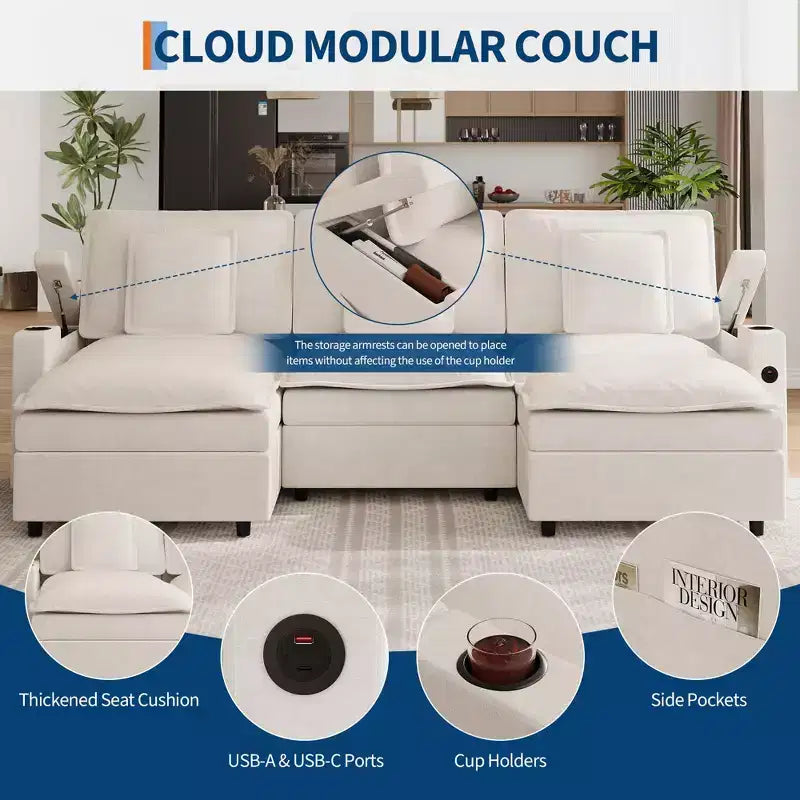 3-Seater Sectional Couches for Living Room, 108 Inch Chenille Modular U Shaped Cloud Couch with Storage Armrest and Movable Ottoman, Charging Station