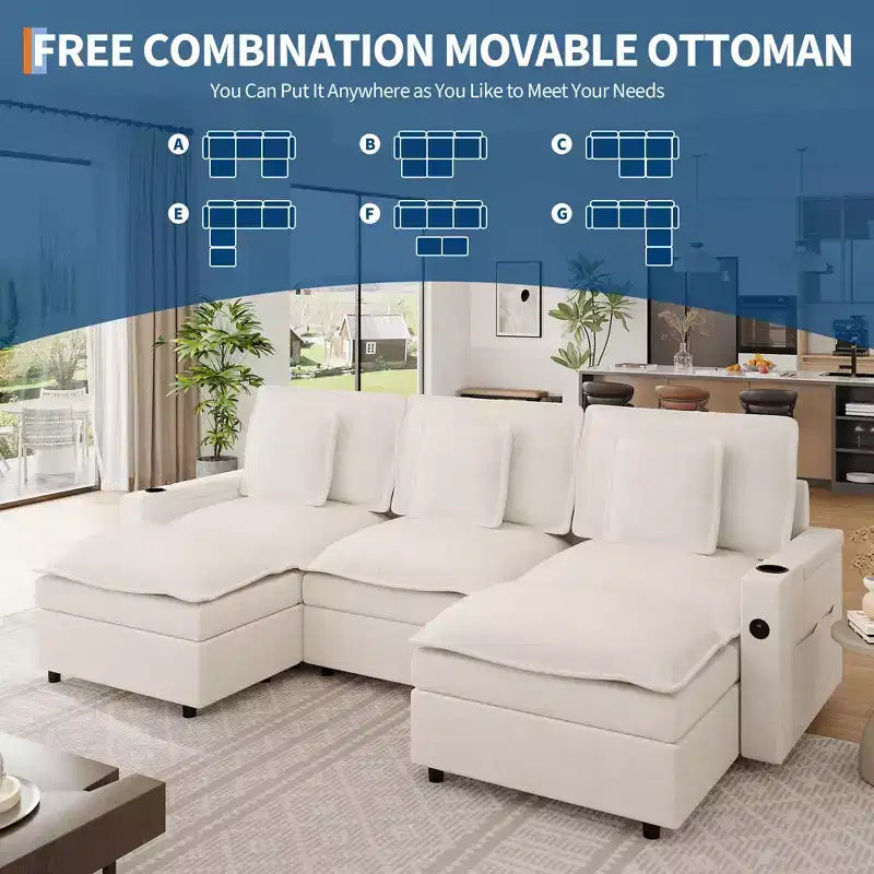 3-Seater Sectional Couches for Living Room, 108 Inch Chenille Modular U Shaped Cloud Couch with Storage Armrest and Movable Ottoman, Charging Station