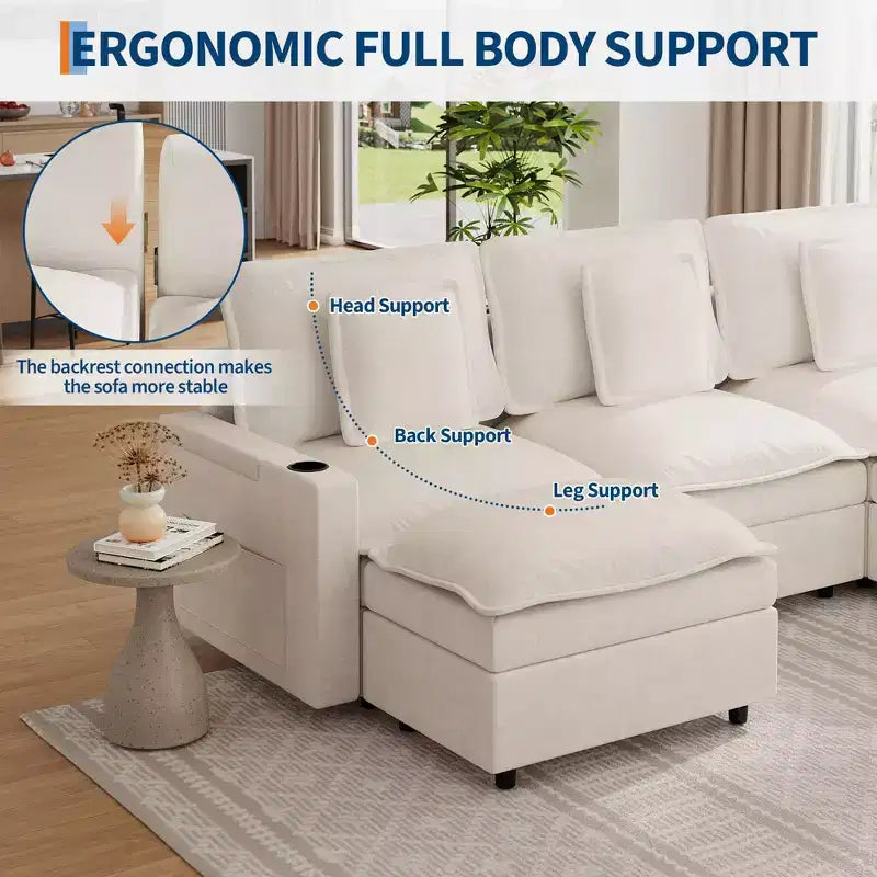 3-Seater Sectional Couches for Living Room, 108 Inch Chenille Modular U Shaped Cloud Couch with Storage Armrest and Movable Ottoman, Charging Station