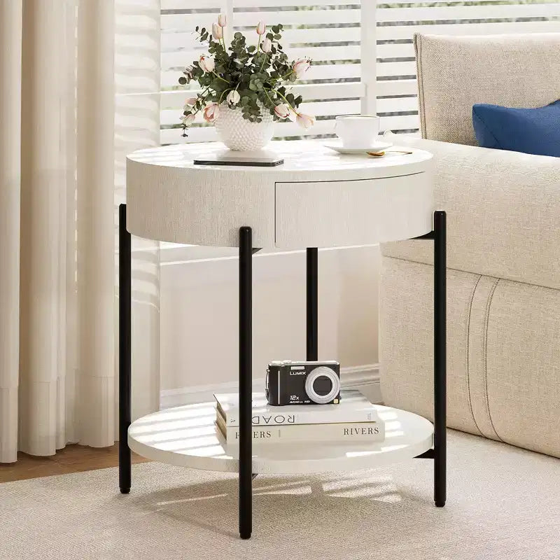 22'' Round Side Table, 2-Tier Small End Table with Open Shelf & Storage Drawer, Wooden Round Nightstand with Metal Legs for Bedroom, Living Room