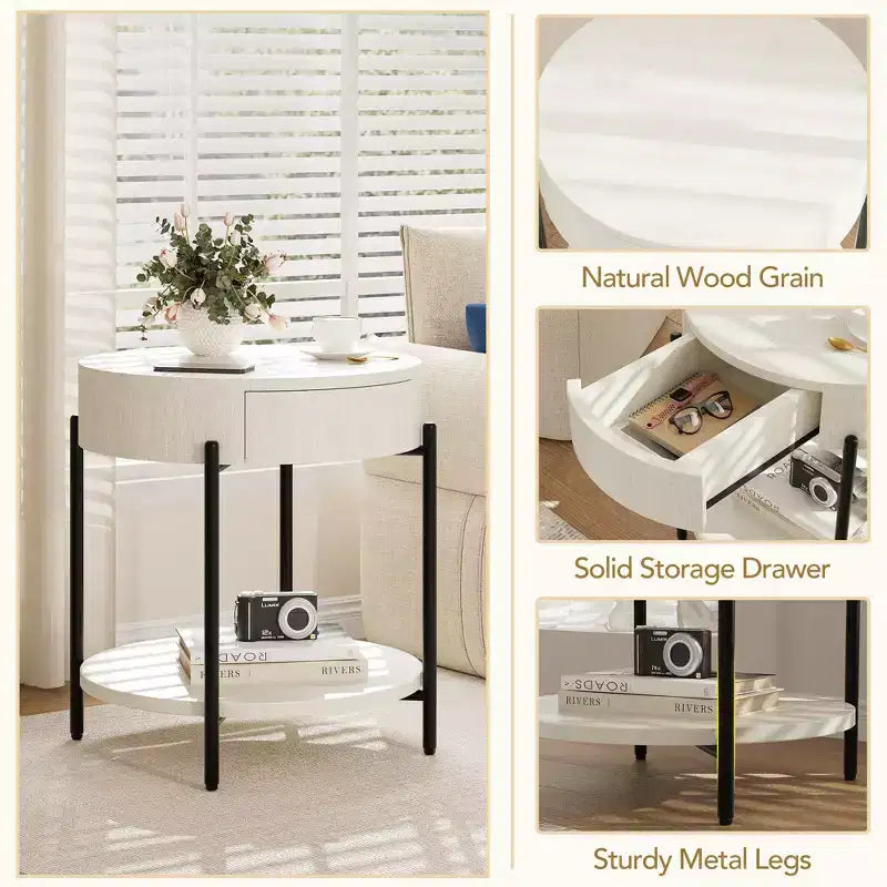 22'' Round Side Table, 2-Tier Small End Table with Open Shelf & Storage Drawer, Wooden Round Nightstand with Metal Legs for Bedroom, Living Room