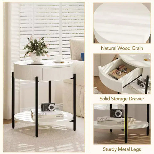 22'' Round Side Table, 2-Tier Small End Table with Open Shelf & Storage Drawer, Wooden Round Nightstand with Metal Legs for Bedroom, Living Room