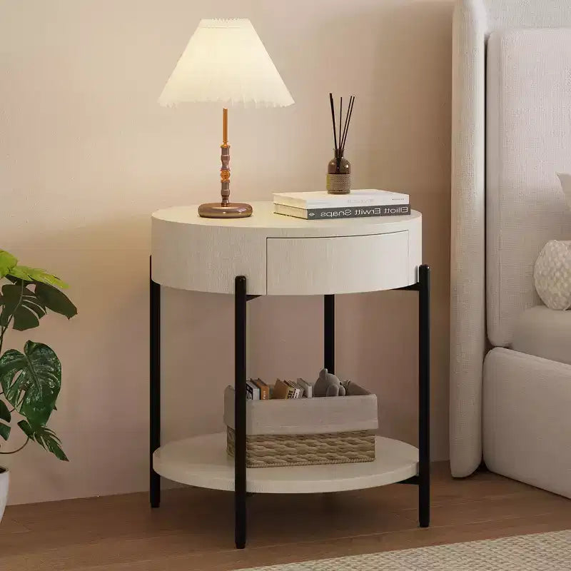 22'' Round Side Table, 2-Tier Small End Table with Open Shelf & Storage Drawer, Wooden Round Nightstand with Metal Legs for Bedroom, Living Room