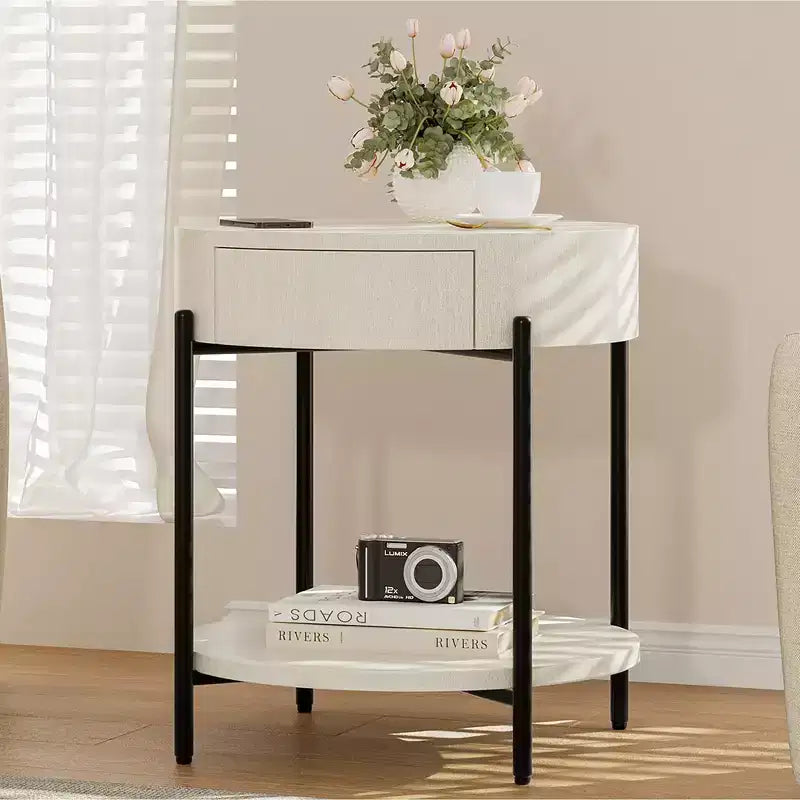 22'' Round Side Table, 2-Tier Small End Table with Open Shelf & Storage Drawer, Wooden Round Nightstand with Metal Legs for Bedroom, Living Room