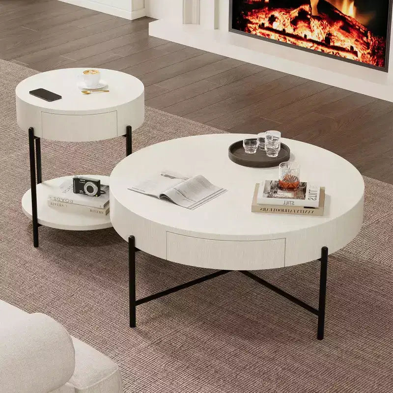 22'' Round Side Table, 2-Tier Small End Table with Open Shelf & Storage Drawer, Wooden Round Nightstand with Metal Legs for Bedroom, Living Room