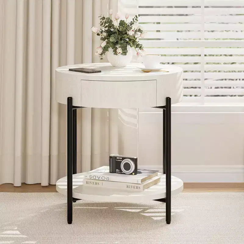 22'' Round Side Table, 2-Tier Small End Table with Open Shelf & Storage Drawer, Wooden Round Nightstand with Metal Legs for Bedroom, Living Room