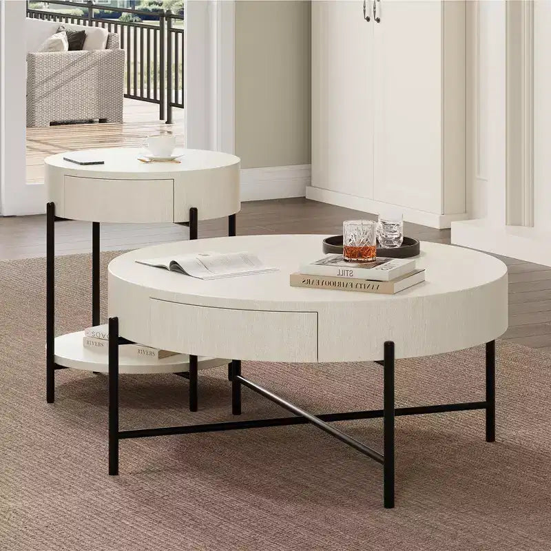 22'' Round Side Table, 2-Tier Small End Table with Open Shelf & Storage Drawer, Wooden Round Nightstand with Metal Legs for Bedroom, Living Room