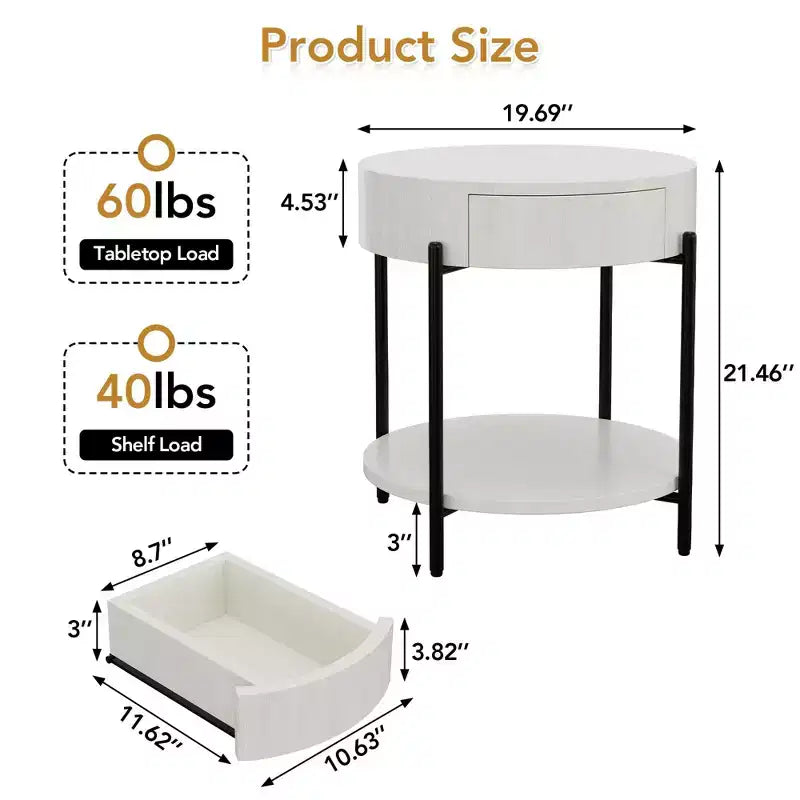 22'' Round Side Table, 2-Tier Small End Table with Open Shelf & Storage Drawer, Wooden Round Nightstand with Metal Legs for Bedroom, Living Room