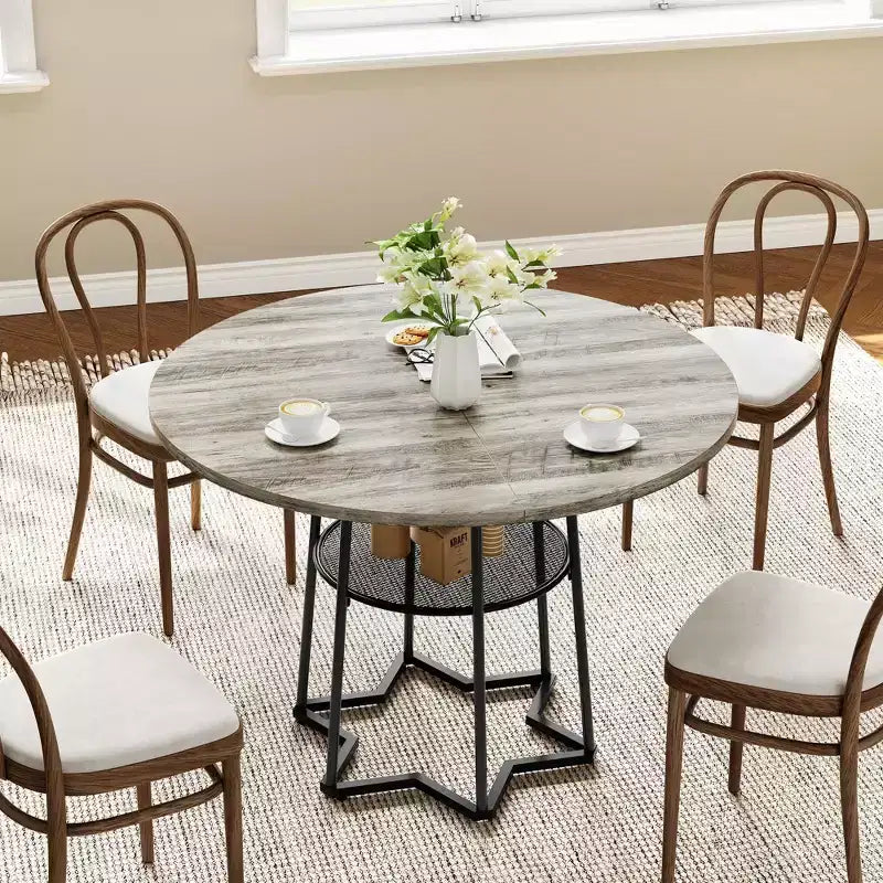 Round Dining Table, 38.2 Circle Kitchen Table with Storage, 17.7 W Round Mesh Storage Rack, Heavy Duty Hexagonal Metal Base (4 Pieces of Desktop)