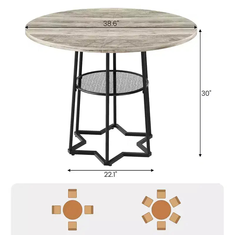 Round Dining Table, 38.2 Circle Kitchen Table with Storage, 17.7 W Round Mesh Storage Rack, Heavy Duty Hexagonal Metal Base (4 Pieces of Desktop)