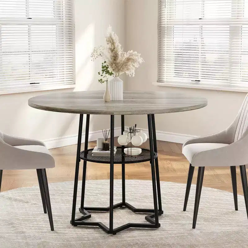 Round Dining Table, 38.2 Circle Kitchen Table with Storage, 17.7 W Round Mesh Storage Rack, Heavy Duty Hexagonal Metal Base (4 Pieces of Desktop)