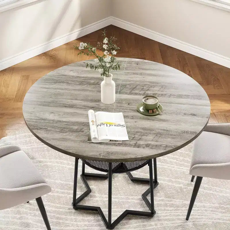 Round Dining Table, 38.2 Circle Kitchen Table with Storage, 17.7 W Round Mesh Storage Rack, Heavy Duty Hexagonal Metal Base (4 Pieces of Desktop)