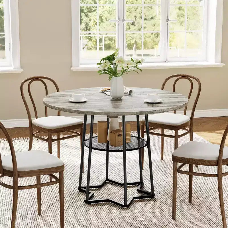 Round Dining Table, 38.2 Circle Kitchen Table with Storage, 17.7 W Round Mesh Storage Rack, Heavy Duty Hexagonal Metal Base (4 Pieces of Desktop)