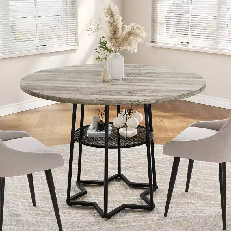 Round Dining Table, 38.2 Circle Kitchen Table with Storage, 17.7 W Round Mesh Storage Rack, Heavy Duty Hexagonal Metal Base (4 Pieces of Desktop)