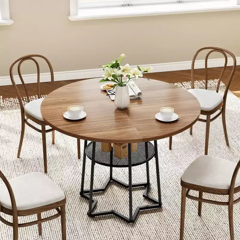 Round Dining Table, 38.2 Circle Kitchen Table with Storage, 17.7 W Round Mesh Storage Rack, Heavy Duty Hexagonal Metal Base (4 Pieces of Desktop)