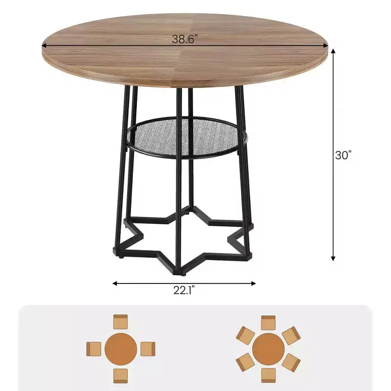 Round Dining Table, 38.2 Circle Kitchen Table with Storage, 17.7 W Round Mesh Storage Rack, Heavy Duty Hexagonal Metal Base (4 Pieces of Desktop)
